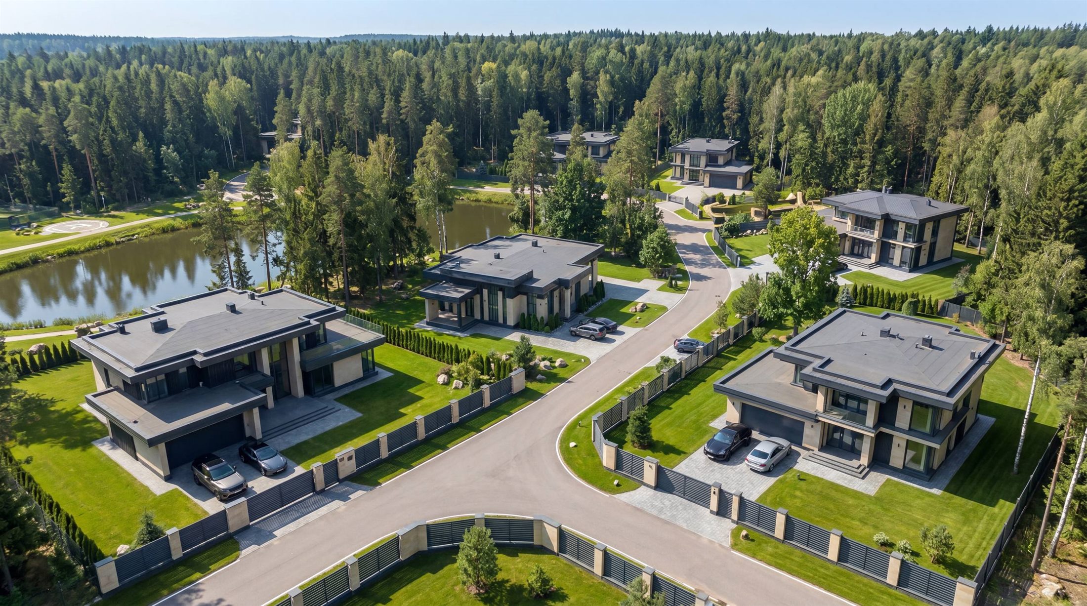 Посёлок «Emerald Village» с воздуха, дома у пруда