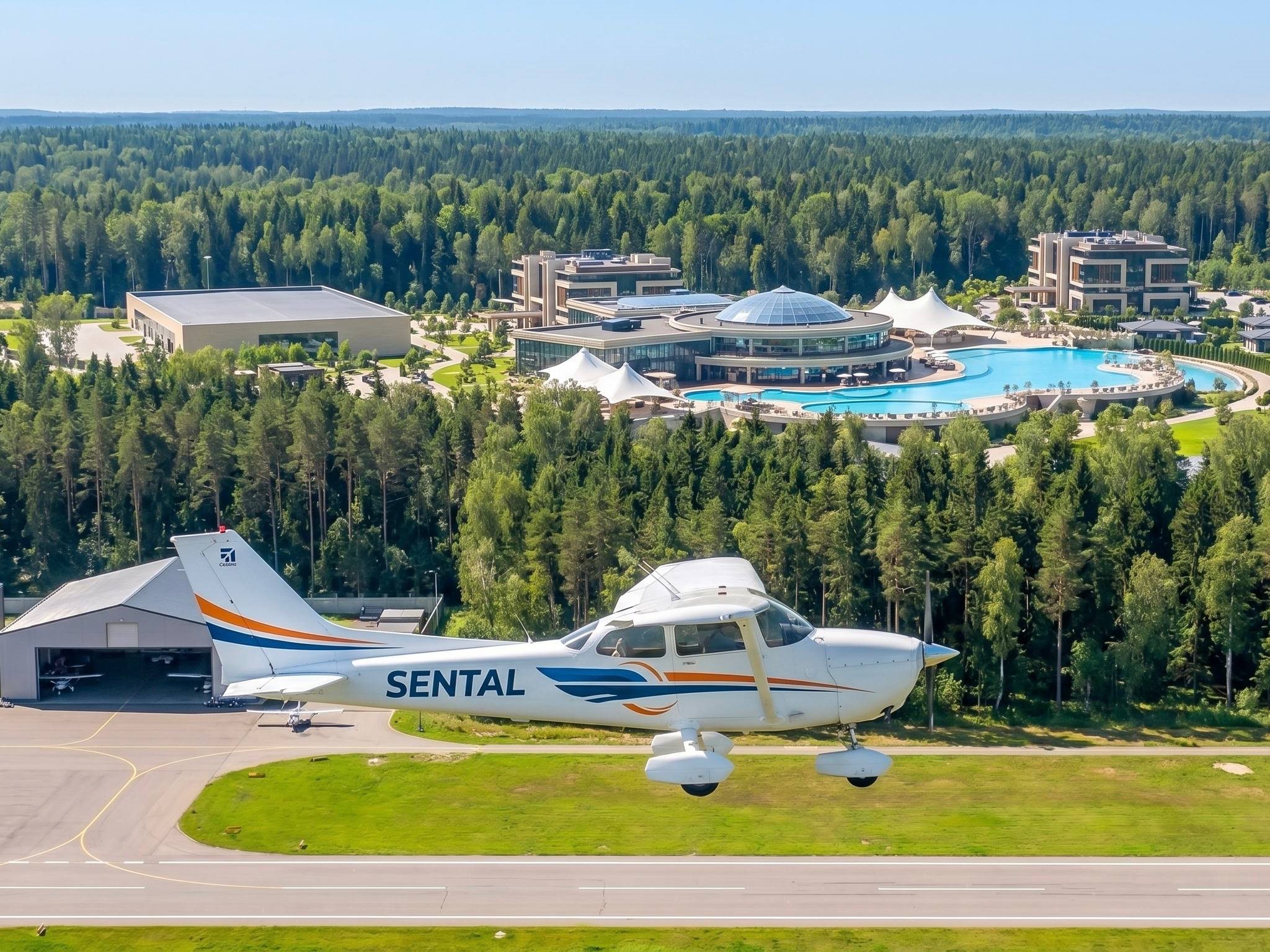 Sental Energy Club — брендированный самолёт «Сентал» на фоне курортного кластера