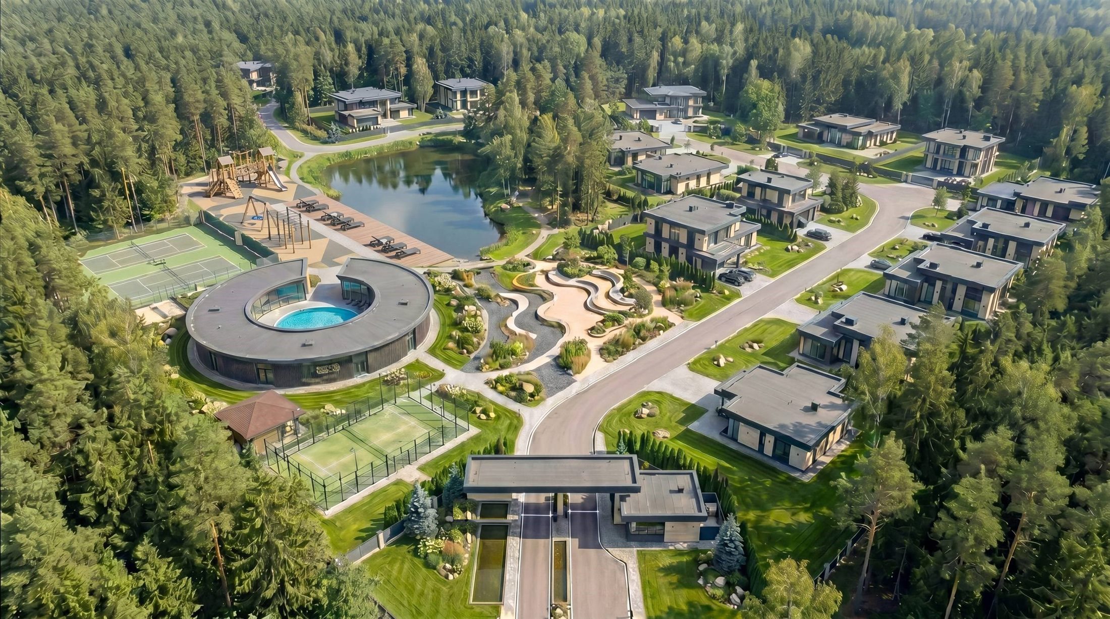 Sental Residence с воздуха: озеро, пляжная зона, корты и домовладения среди леса